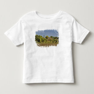 Camiseta Um campo agrícola em frente a casas com telhado de