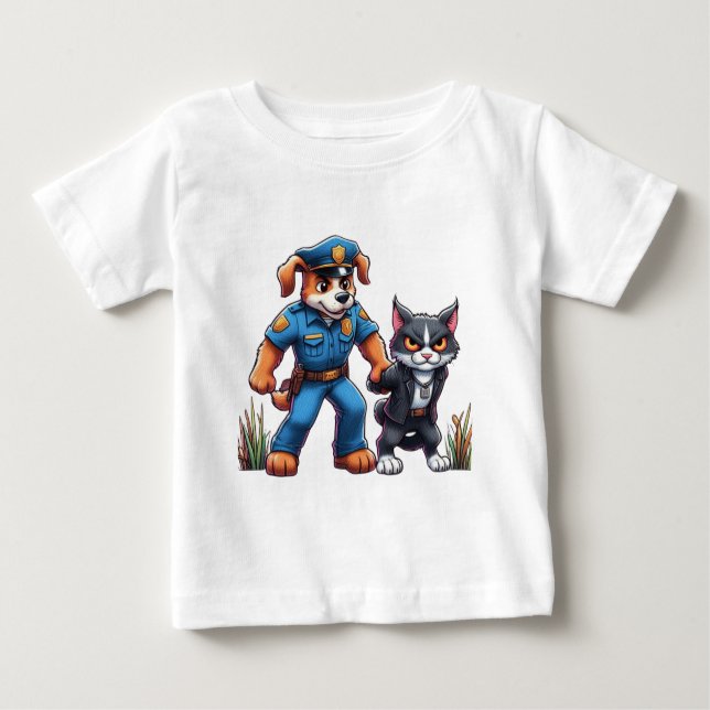 Camiseta um cão de polícia e um gato malvado - humor (Frente)