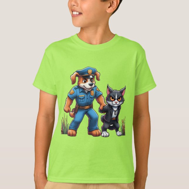 Camiseta um cão de polícia e um gato malvado - humor (Frente)