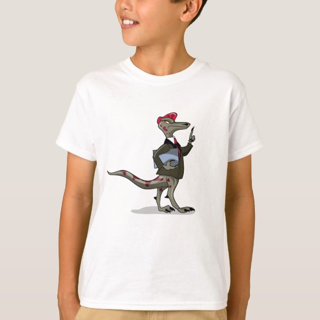 Camiseta Um Cartoon Iguanodon Clerk. (Frente)