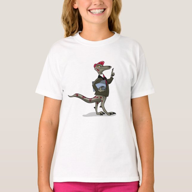 Camiseta Um Cartoon Iguanodon Clerk. (Frente)
