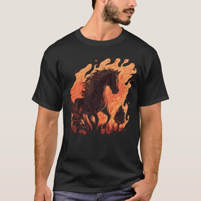 Camiseta um cavalo e chamas que queimo para os amigos caval (Frente)