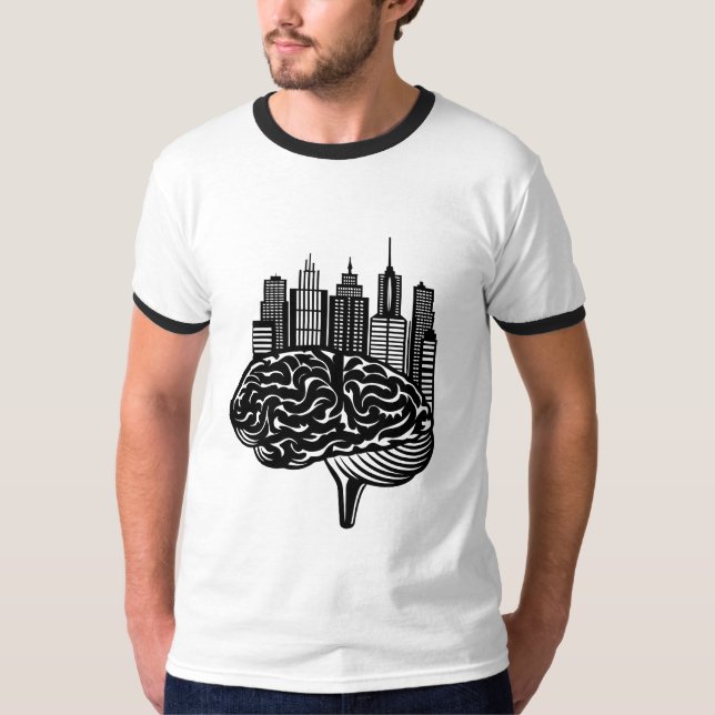 Camiseta Um Cérebro Humano se Transformando em uma Cidade F (Frente)