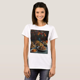 Camiseta um cheio de comida, incluindo as flores para carne
