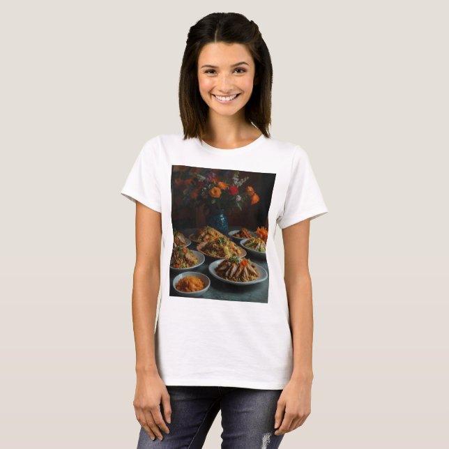 Camiseta um cheio de comida, incluindo as flores para carne (Frente Completa)