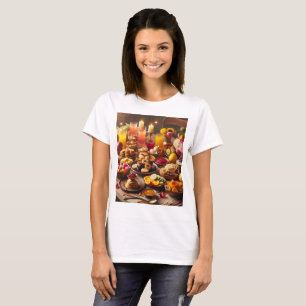Camiseta um cheio de comida, incluindo fruta e flor