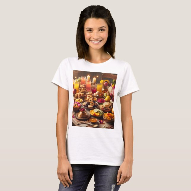 Camiseta um cheio de comida, incluindo fruta e flor (Frente Completa)