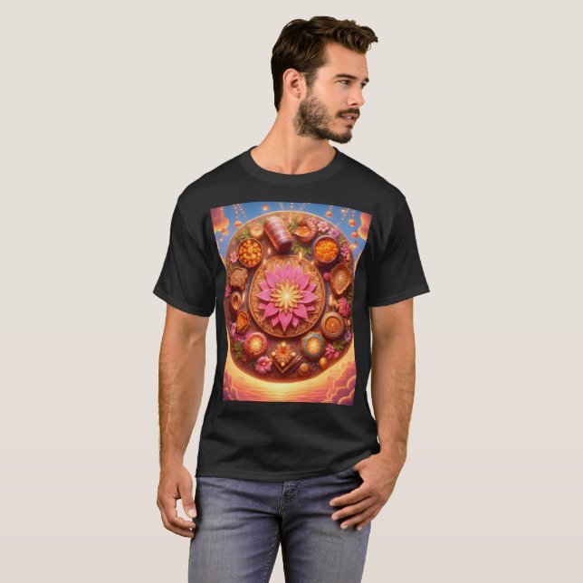 Camiseta um círculo de flores e uma flor de lótus é redonda (Frente Completa)