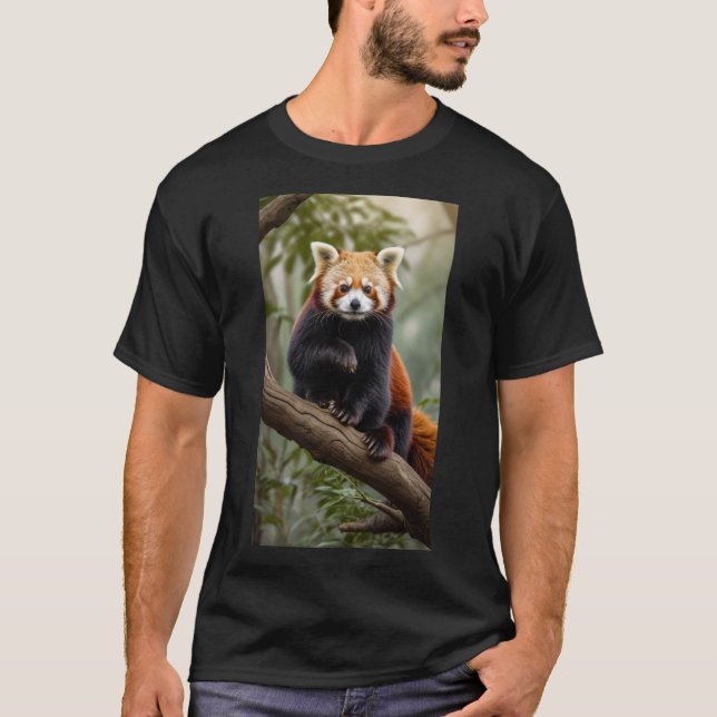 Camiseta Um curioso panda vermelho sentado em um galho de á (Frente)