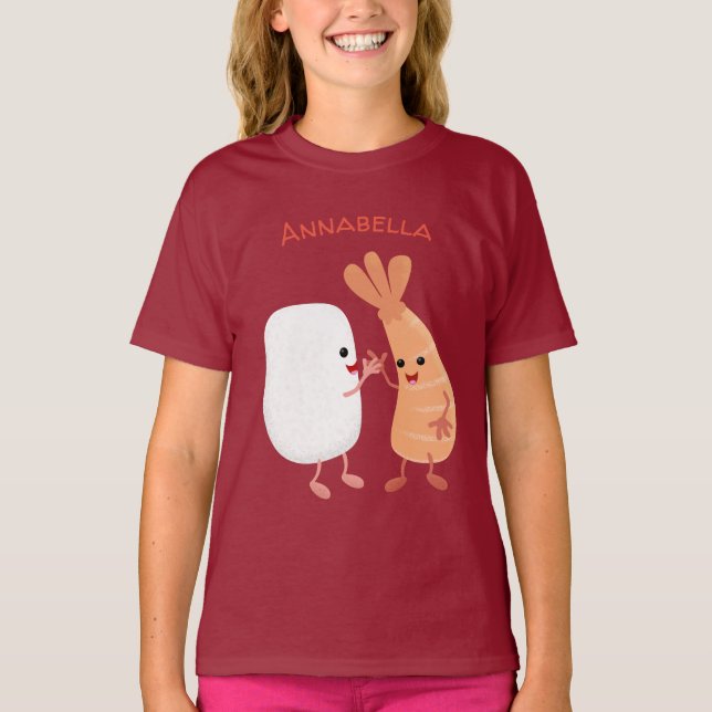 Camiseta Um desenho animado de amigos de camarão de arroz d (Frente)
