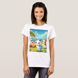 Camiseta um desenho animado de uma cena de fazenda com três