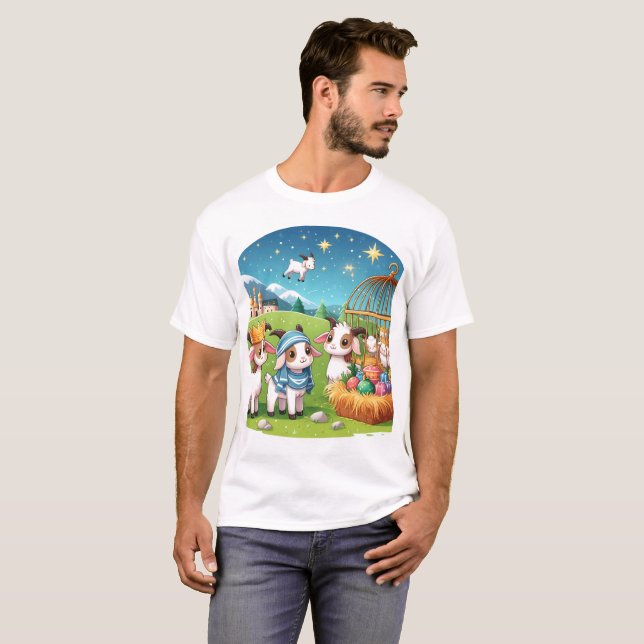 Camiseta um desenho animado de uma cena de natividade com u (Frente Completa)