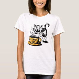 Camiseta Um desenho artístico de um gato fofo com uma xícar