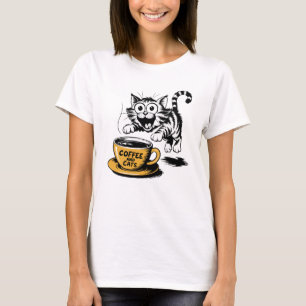 Camiseta Um desenho artístico de um gato fofo com uma xícar