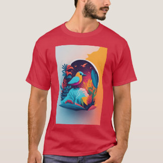 Camiseta um design de silhueta colorido de aves na selva
