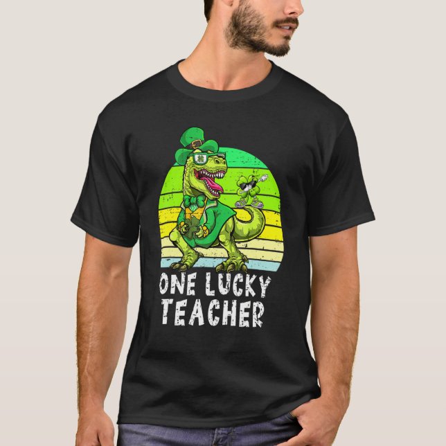 Camiseta Um Dia de São Patrício De Professores Sortudo Dino (Frente)