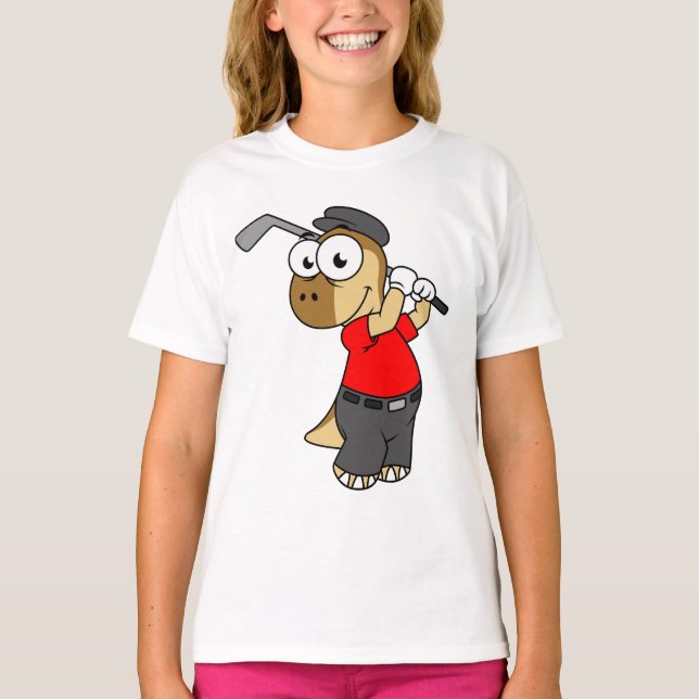 Camiseta Um Dinossauro Paquicéfalossauro Jogando Golfe. (Frente)