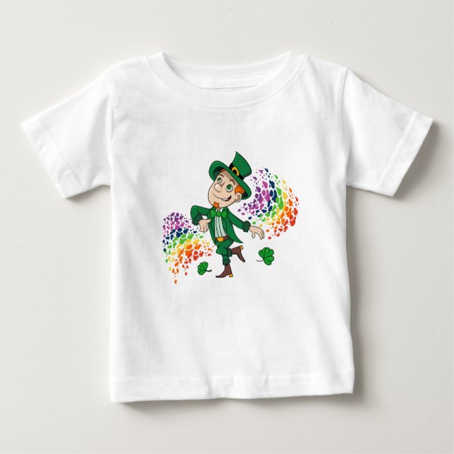 Camiseta Um duende dançante bonito e feliz, um arco-íris (Frente)