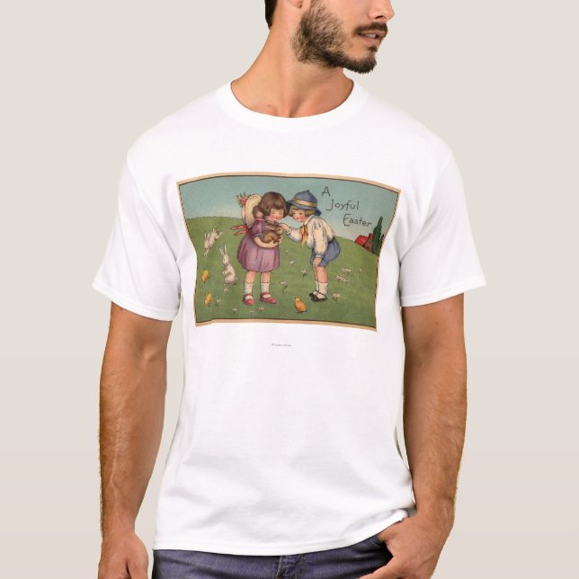 Camiseta Um EasterKids alegre que guardara um coelho (Frente)
