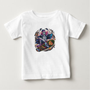 Camiseta Um esqueletro skatista de rock-n-roll vestido para