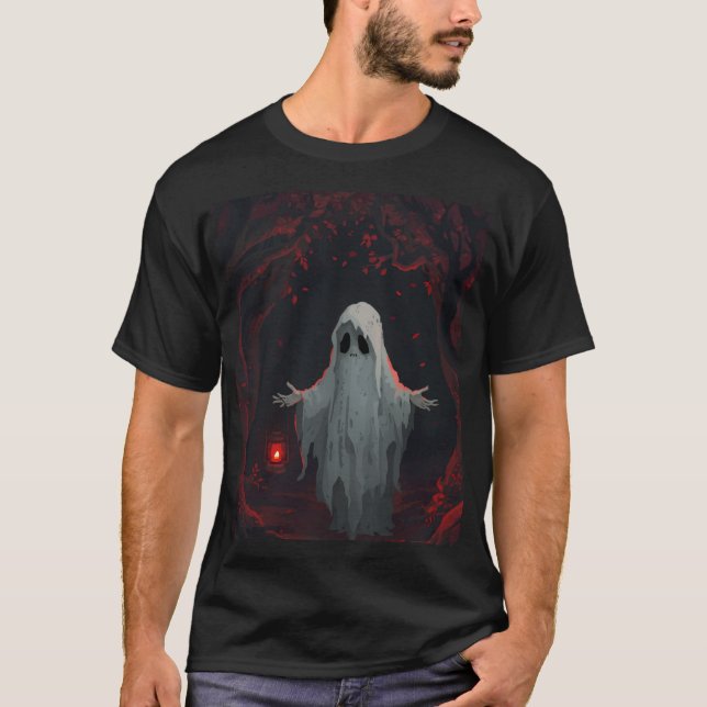 Camiseta Um fantasma branco segurando uma lanterna vermelha (Frente)