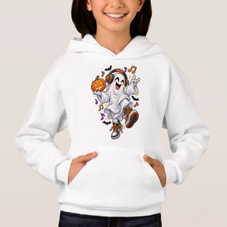 Camiseta Um fantasma engraçado com uma abóbora e fones de o