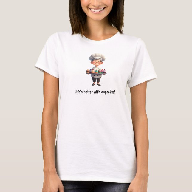Camiseta Um Feliz Chef de Pastelaria Posicionando a Câmera (Frente)