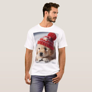 Camiseta um filhote vestindo um chapéu vermelho com um bone