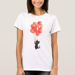 Camiseta Um gatinho preto bonito segura balões vermelhos