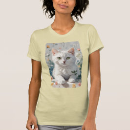 Camiseta Um gato branco em flores.