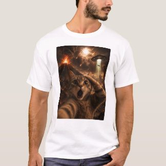Camiseta Um gato chocado com Caos ao fundo