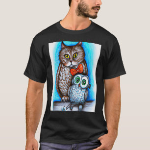 Camiseta Um Gato E Uma Coruja Arte Mista