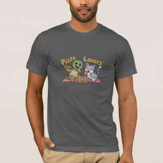 Camiseta Um gato e uma tartaruga gostam de comer pizza