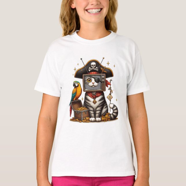 Camiseta Um gato pirata fofo com TV na cabeça (Frente)