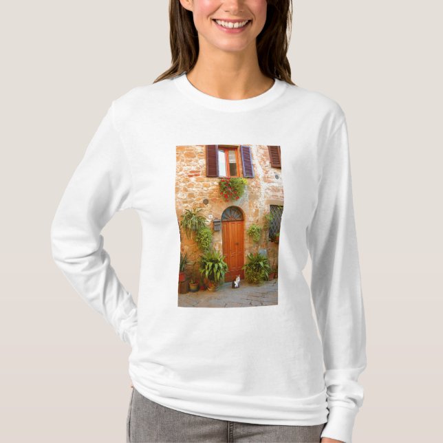 Camiseta Um gato procura entrada em casa em Pienza, Itália. (Frente)