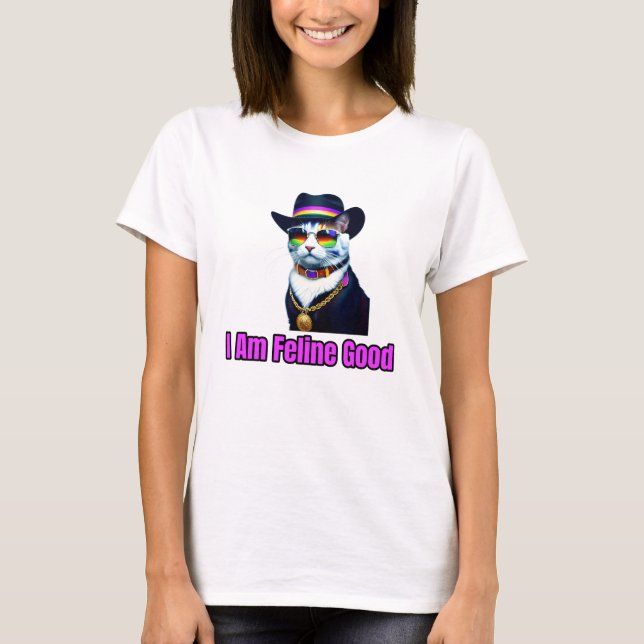 Camiseta Um Gato Vestindo Fedora e Óculos de Sol (Frente)