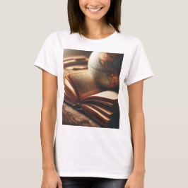 Camiseta um globo fica no topo de um livro
