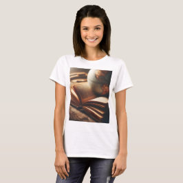 Camiseta um globo fica no topo de um livro
