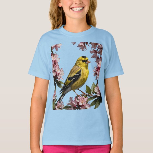 Camiseta Um Goldfinch Americano Cercado Por Rhododendron (Frente)