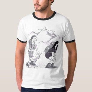 Camiseta Um Homem e uma Mulher Caminhando com Mochilas na M