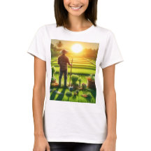 um homem está em um campo de vegetais e o sol