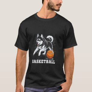 Camiseta Um Husky Engraçado Jogando Basquete em uma Quadra