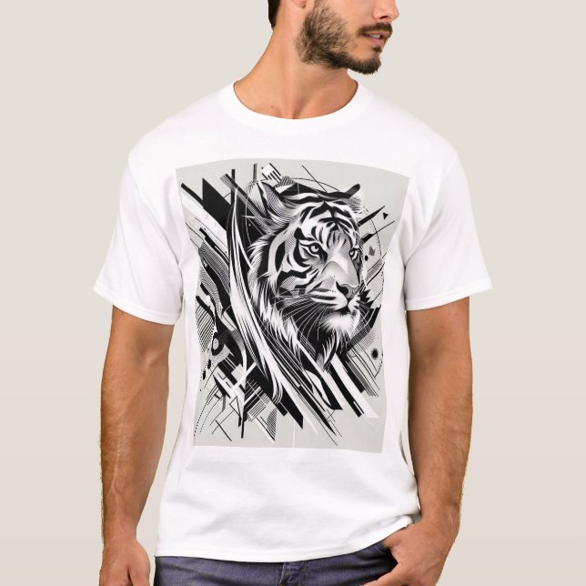 Camiseta Um impressão de tigre abstrato com formas geométri (Frente)
