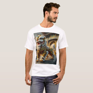 Camiseta Um leão com um leão nas costas está em fron