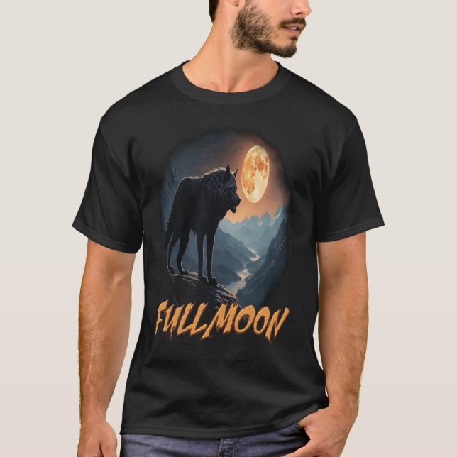 Camiseta um lobo selvagem majestoso debaixo da lua de cheio (Frente)