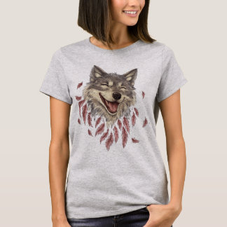 Camiseta Um lobo sorridente feliz em penas