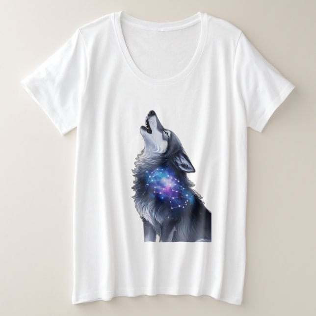 Camiseta Um lobo uivando numa galáxia estrelada (Frente do Design)