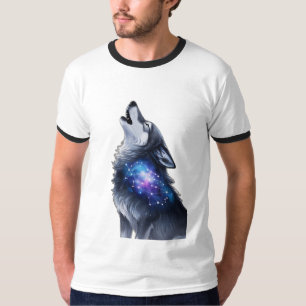 Camiseta Um lobo uivando numa galáxia estrelada