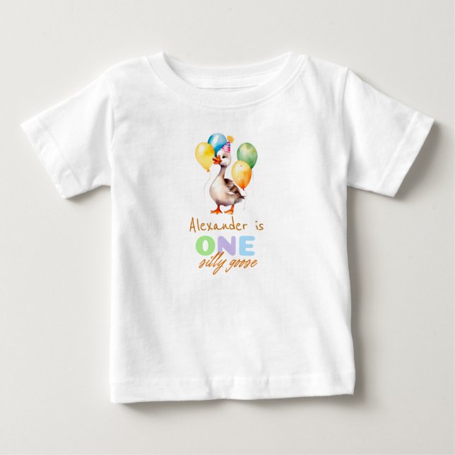 Camiseta Um menino ganso bobo Aniversário de 1 ano do Azul  (Frente)