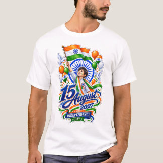 Camiseta Um menino segura alegremente uma bandeira indiana